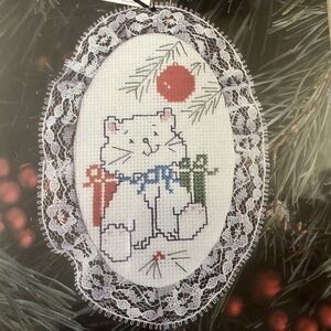 Vintage 1992 White Christmas Kitty Cat Counted Cross Stitch Lace Ornament Kit